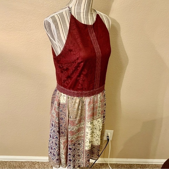 Doe & Rae Mini Dress Large Burgundy Floral Lace Patchwork Skirt Ivory Boho Flowy - Picture 6 of 16